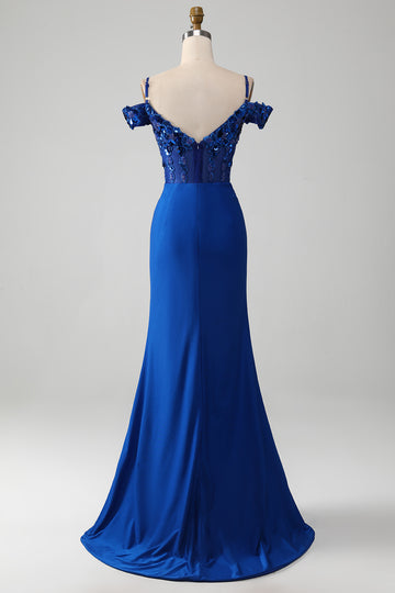 Beaded Royal Blue Corset Prom kjole med Slit